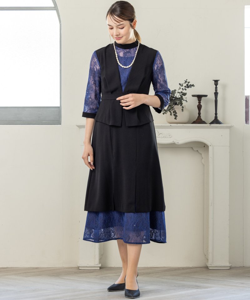 callarus カラルス スタンドカラーレース切替デザインドレス ネイビー