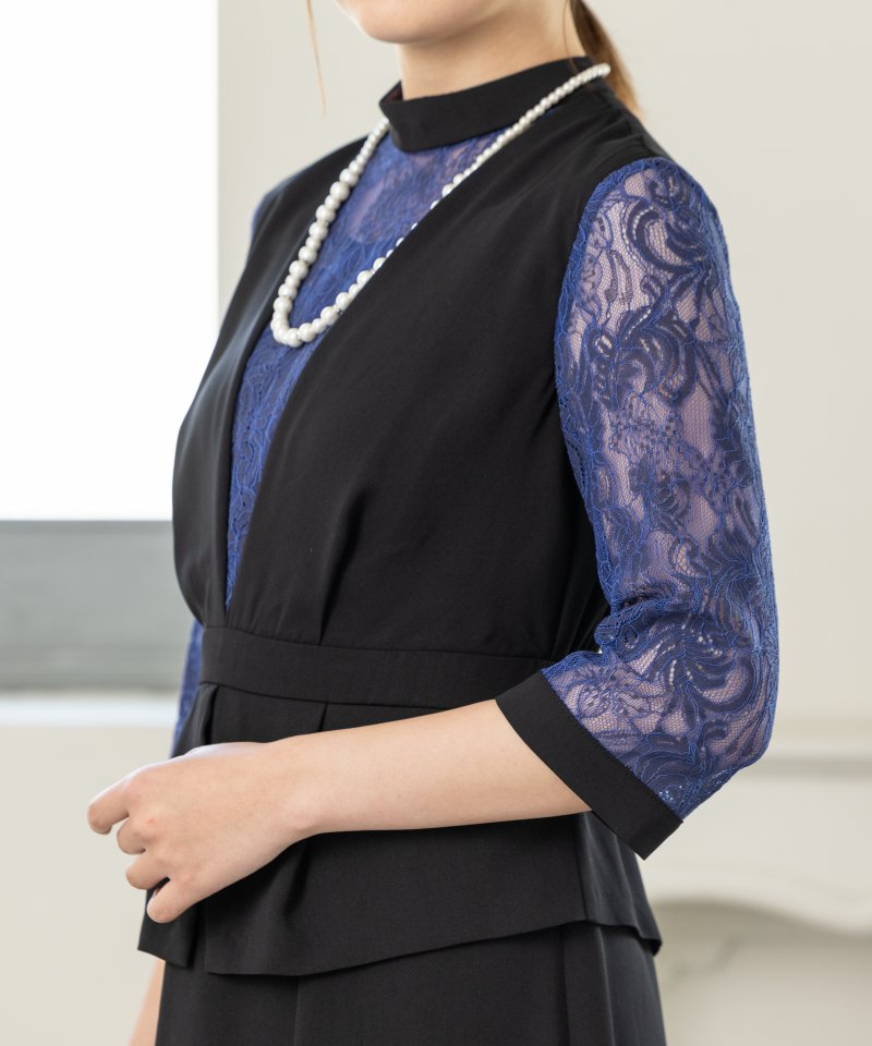 callarus カラルス スタンドカラーレース切替デザインドレス ネイビー