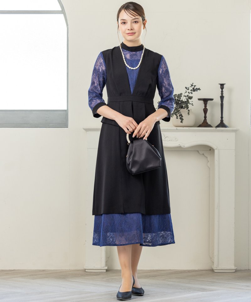 callarus カラルス スタンドカラーレース切替デザインドレス ネイビー