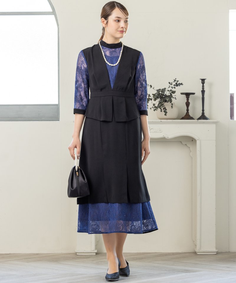 callarus カラルス スタンドカラーレース切替デザインドレス ネイビー