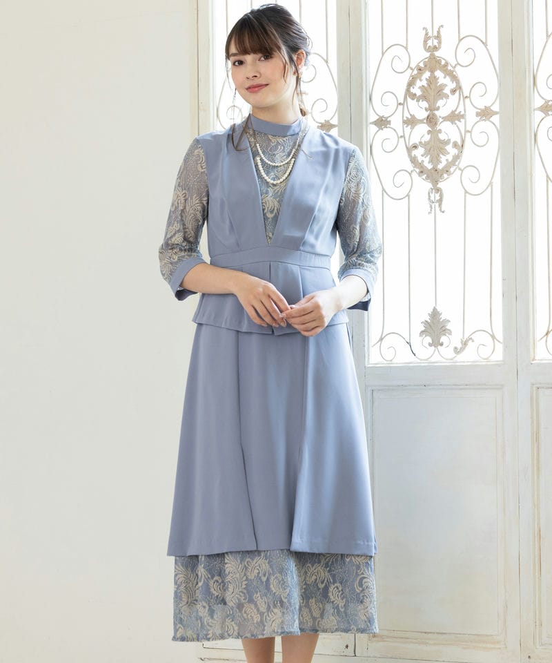 callarus カラルス スタンドカラーレース切替デザインドレス ブルー系