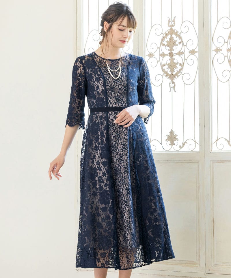 callarus カラルス パネルレース切替デザインドレス ネイビー系 | 結婚