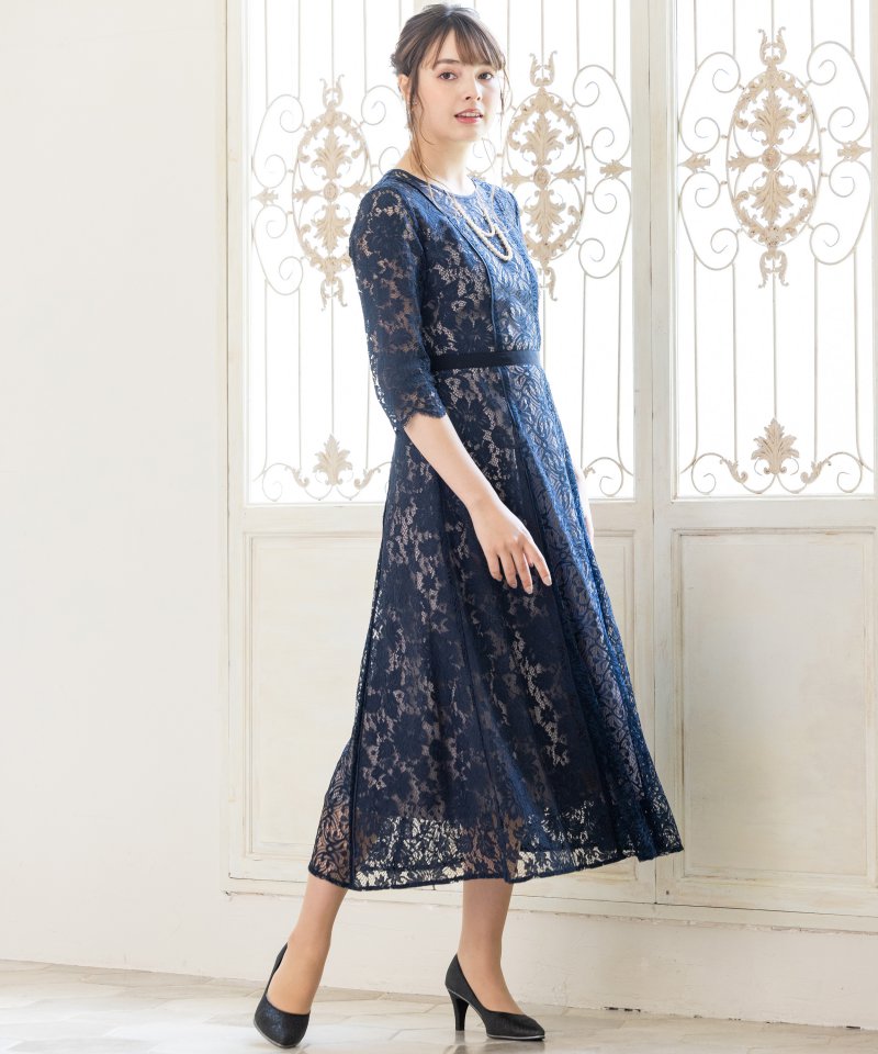 callarus カラルス パネルレース切替デザインドレス ネイビー系 | 結婚