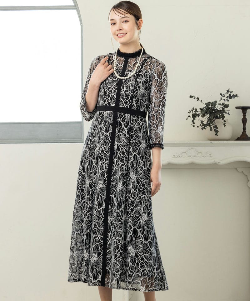 callarus カラルス スタンドカラーウエスト切替総レースドレス