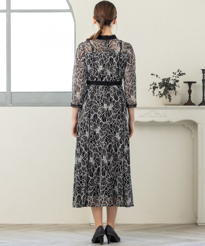 callarus カラルス スタンドカラーウエスト切替総レースドレス