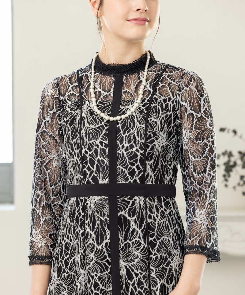 callarus カラルス スタンドカラーウエスト切替総レースドレス