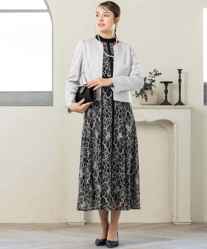 callarus カラルス スタンドカラーウエスト切替総レースドレス