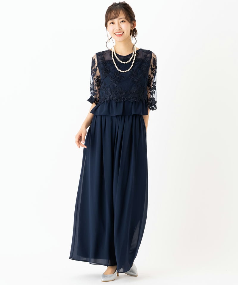 Select Shop 刺繍レース切り替えセットアップパンツドレス ネイビー系