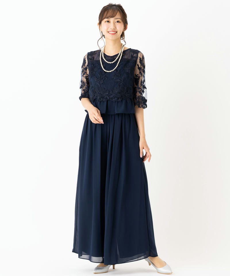 Select Shop 刺繍レース切り替えセットアップパンツドレス ネイビー系