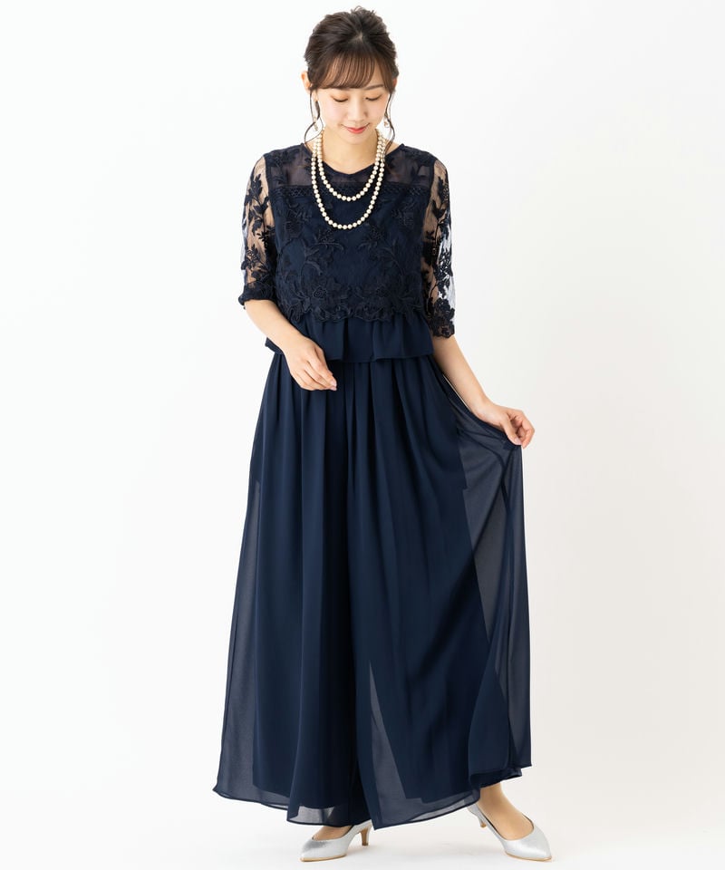 Select Shop 刺繍レース切り替えセットアップパンツドレス ネイビー系