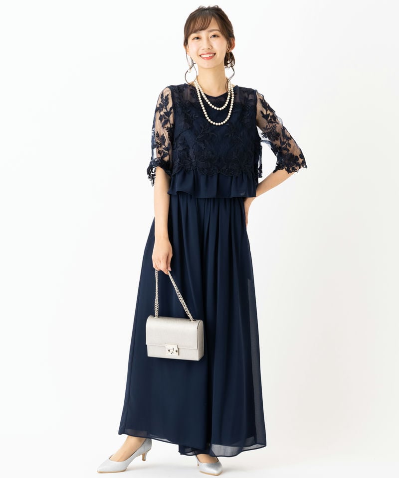 Select Shop 刺繍レース切り替えセットアップパンツドレス ネイビー系