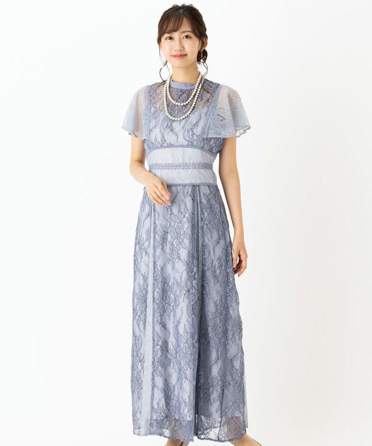 MERCURYDUO マーキュリーデュオ 配色レースパワショルロングドレス