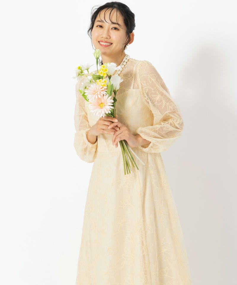Aimer エメ スパンコールフラワー刺繍ロングスリーブドレス イエロー系