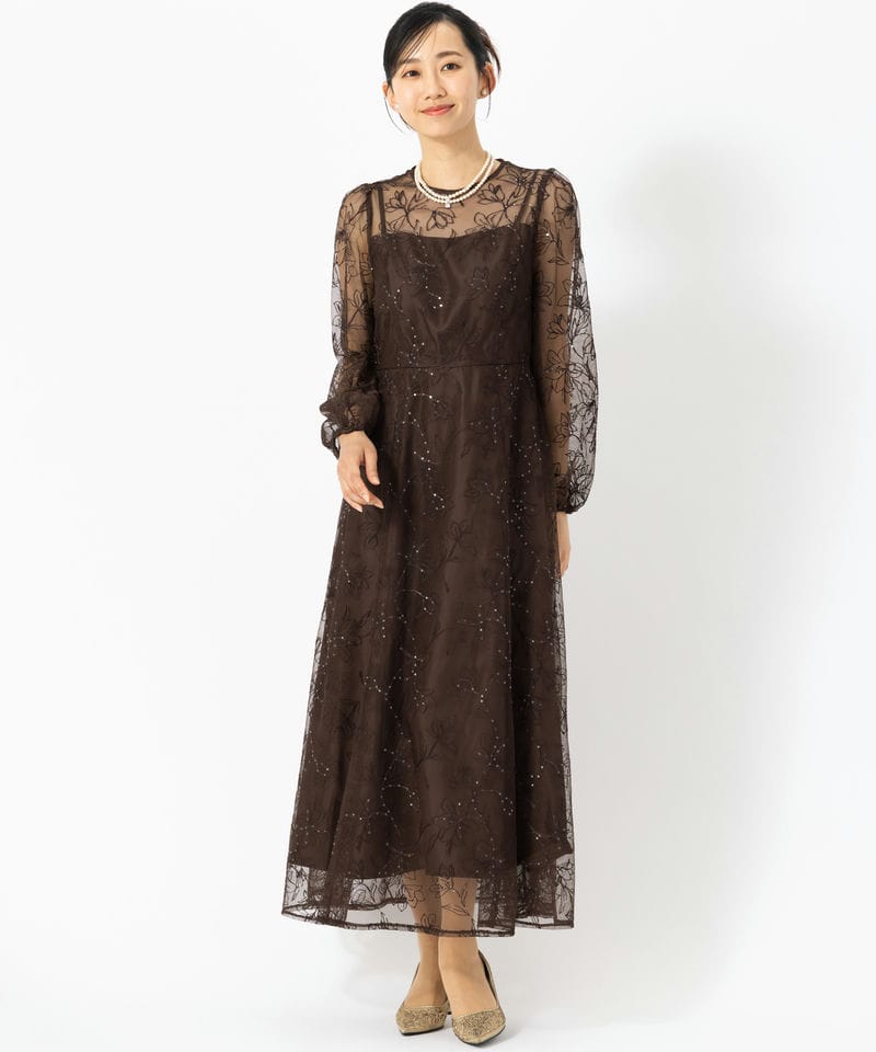 Aimer エメ スパンコールフラワー刺繍ロングスリーブドレス ブラウン系