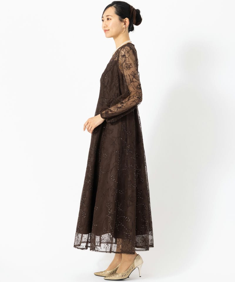Aimer エメ スパンコールフラワー刺繍ロングスリーブドレス ブラウン系