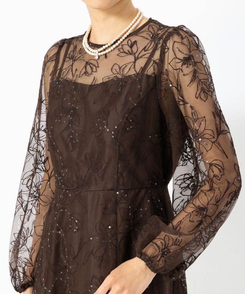 Aimer エメ スパンコールフラワー刺繍ロングスリーブドレス ブラウン系