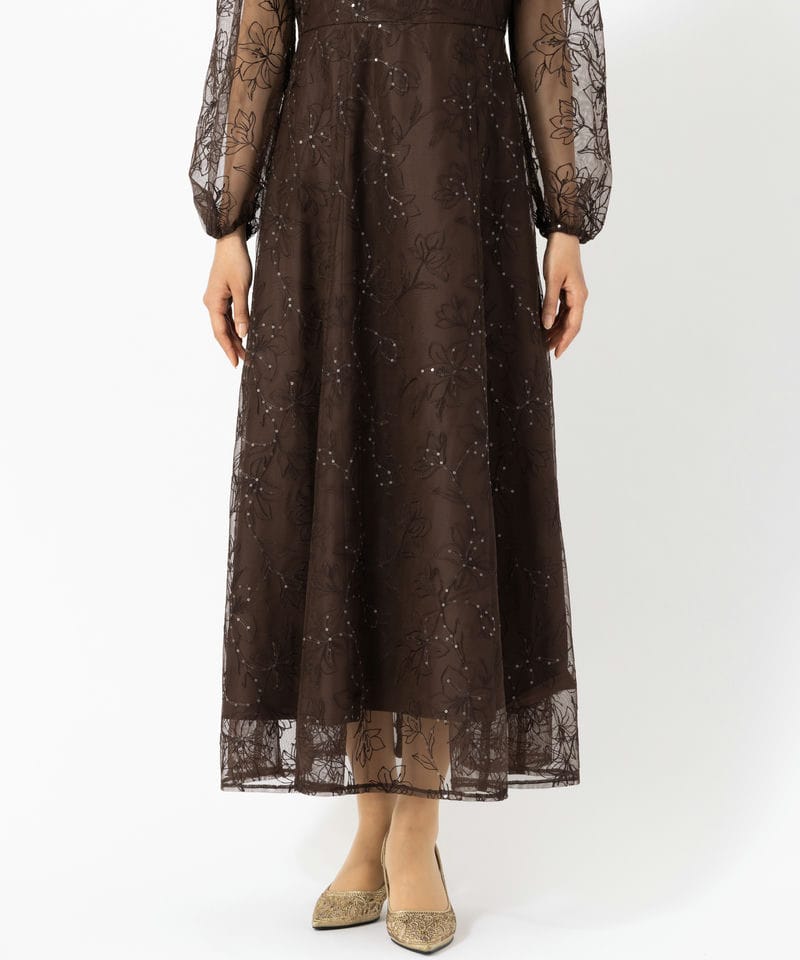 Aimer エメ スパンコールフラワー刺繍ロングスリーブドレス ブラウン系