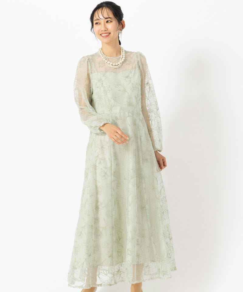 Aimer エメ スパンコールフラワー刺繍ロングスリーブドレス グリーン系