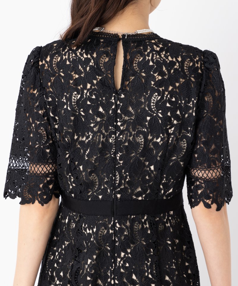 セルフォード　フラワーレースワンピース　ドレス　黒 CELFORD セルフォード フラワーレースウエストマークドレス ブラック系