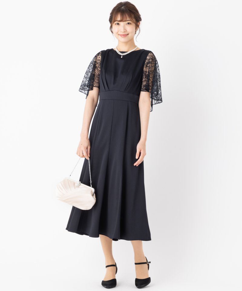 Aimer エメ レースケープ風スリーブサテンドレス ネイビー系 | 結婚式