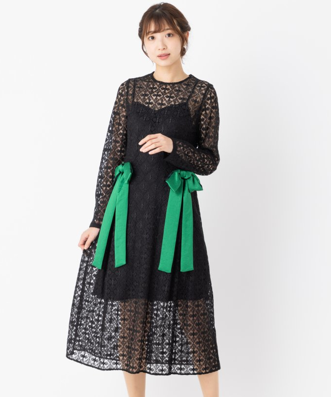 ADELLY アデリー ボートネックダブルリボンドレス ブラック系 | 結婚式 