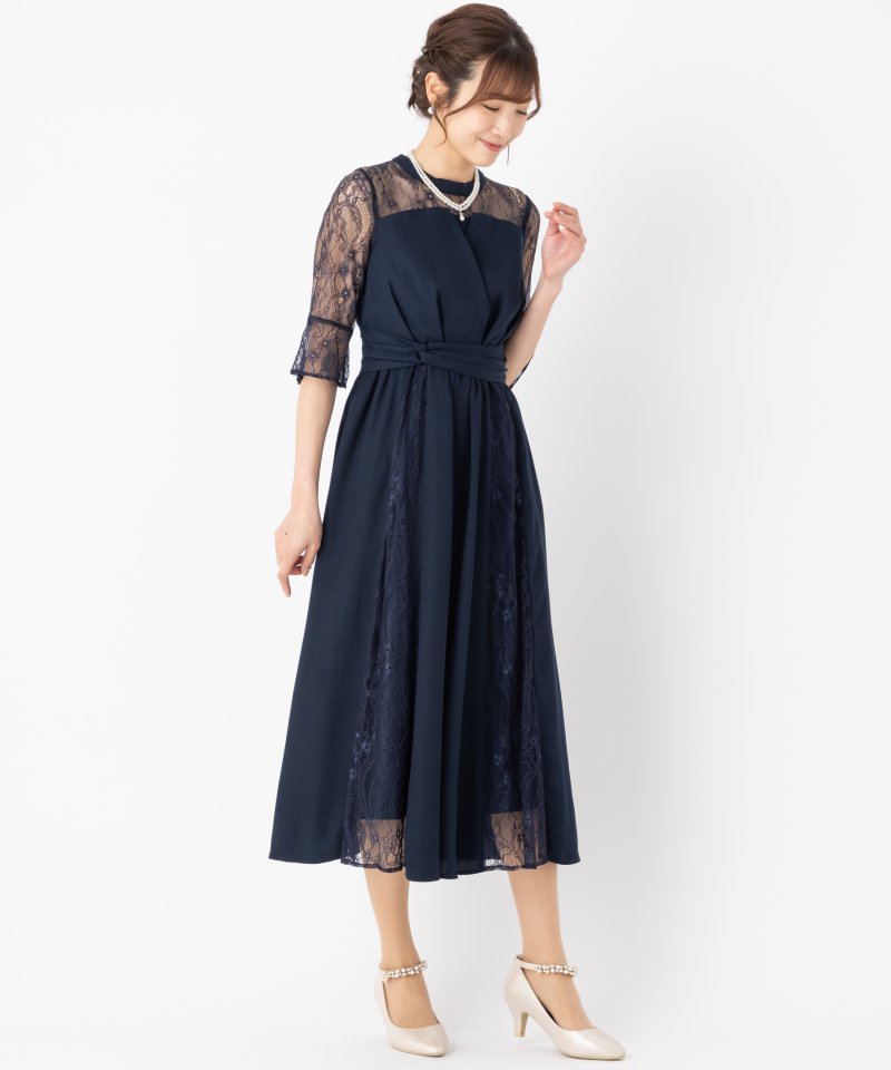 ハレモード　ワンピース　新品　ビスチェ風レーススリーブ フレア　ドレス　ネイビー Lace Ladies（レースレディース） ドレス ビスチェ風 レース 切り替え