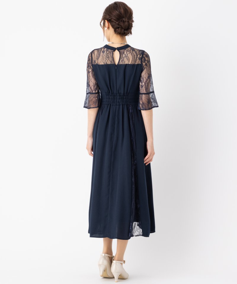 レース切り替えビスチェ風ワンピース 結婚式 お呼ばれ オケージョン　ネイビー セール】レース 切り替え ビスチェ風 シンプル 長袖 ワンピース