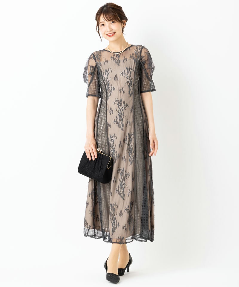 LAGUNAMOON　パネルレースワンピース　ドレス　お呼ばれ　ブラック　S LAGUNAMOON ラグナムーン LADYパネルレースドレス その他 x グレー系
