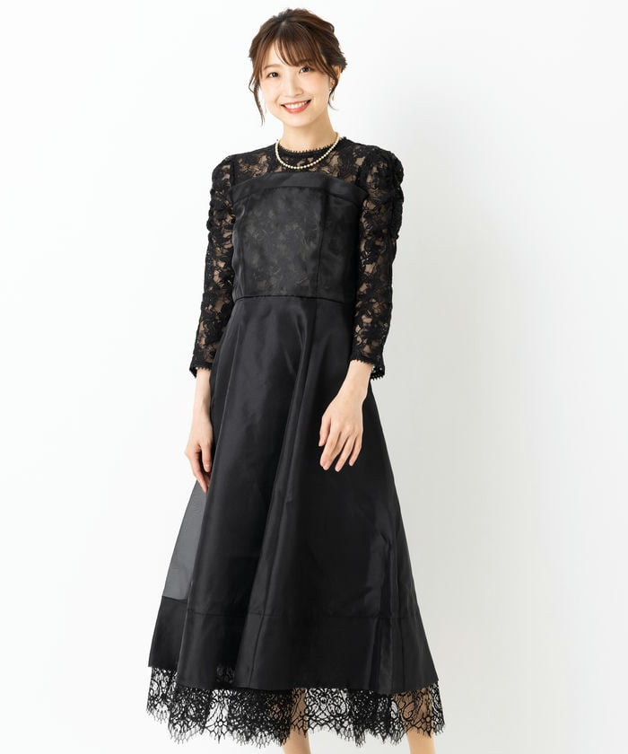 SNIDEL スナイデル ボリュームフレアレースドッキングドレス ブラック