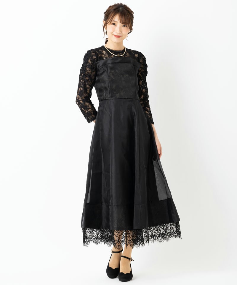 SNIDEL スナイデル ボリュームフレアレースドッキングドレス ブラック
