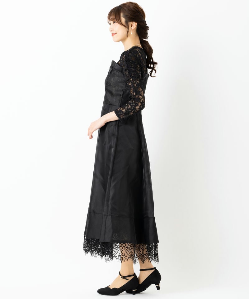 SNIDEL スナイデル ボリュームフレアレースドッキングドレス ブラック