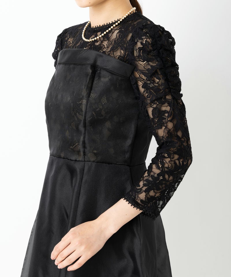 SNIDEL スナイデル ボリュームフレアレースドッキングドレス ブラック