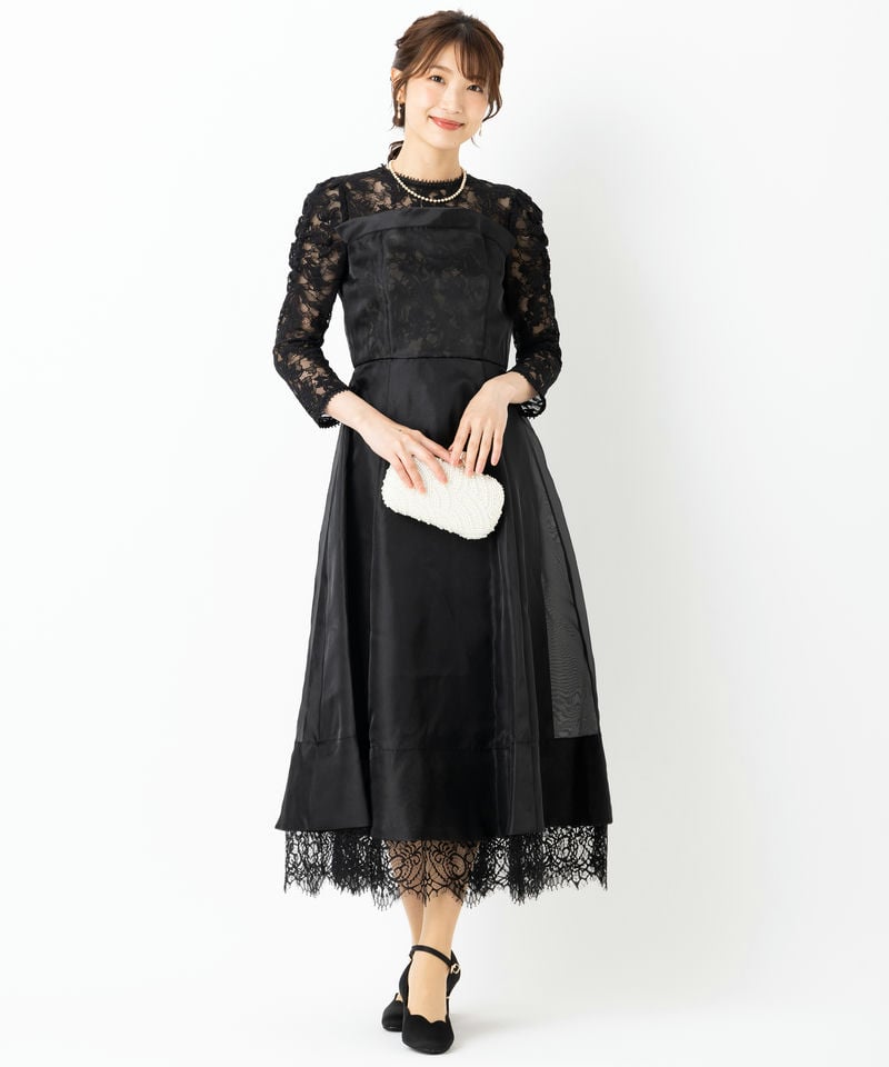 SNIDEL スナイデル ボリュームフレアレースドッキングドレス ブラック