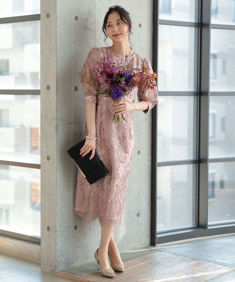 SNIDEL スナイデル パフレースドレス ピンク系 | 結婚式パーティーの