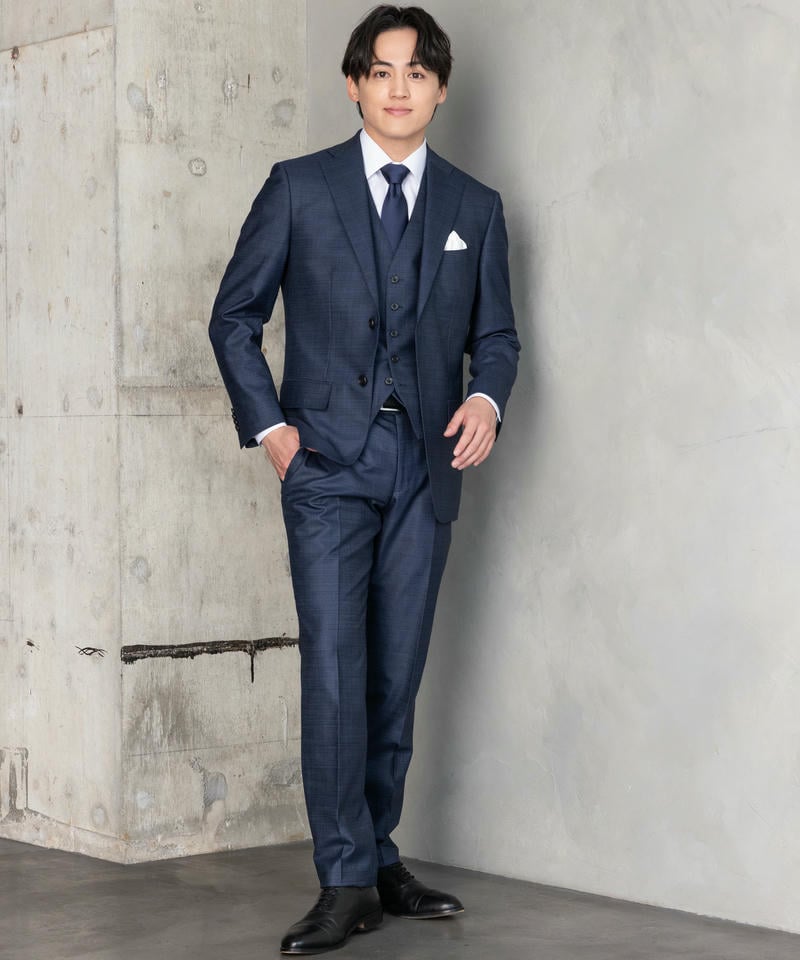 P.S.FA 光沢チェックスリーピーススーツ ネイビー系 | 結婚式