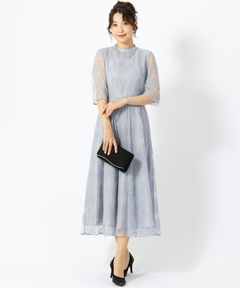 Aimer エメ プチハイネック5分袖レースドレス ブルー系 | 結婚式