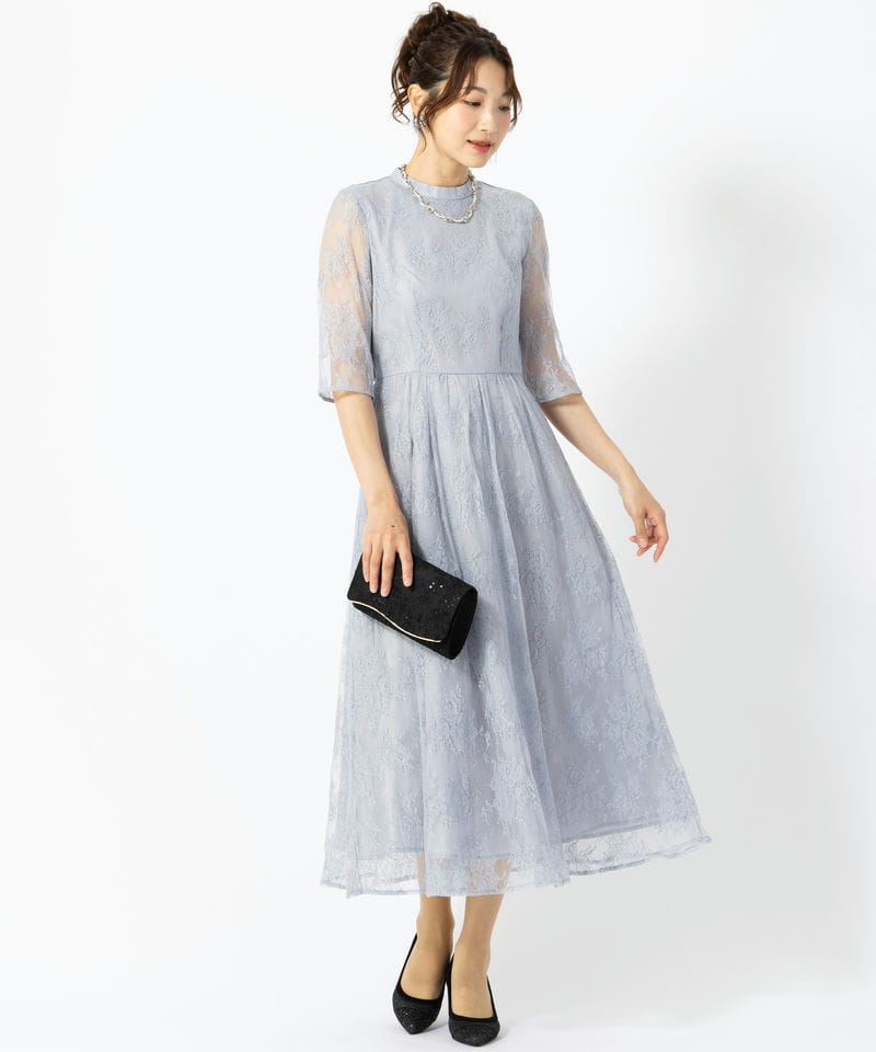 Aimer エメ プチハイネック5分袖レースドレス ブルー系 | 結婚式