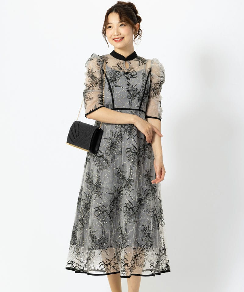 Leja レジャ シアーレースパフスリーブスリットⅠラインドレス