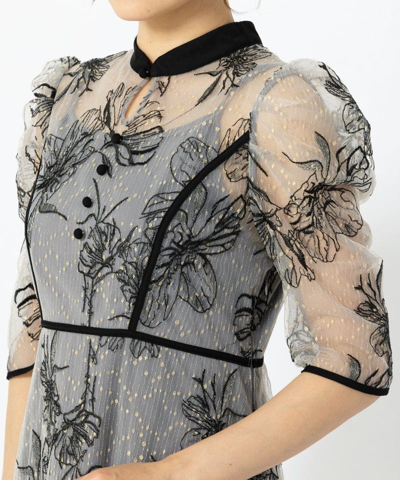 Leja 【ドレス2点SET】レジャ 配色パイピングプチハイネック花柄刺繍
