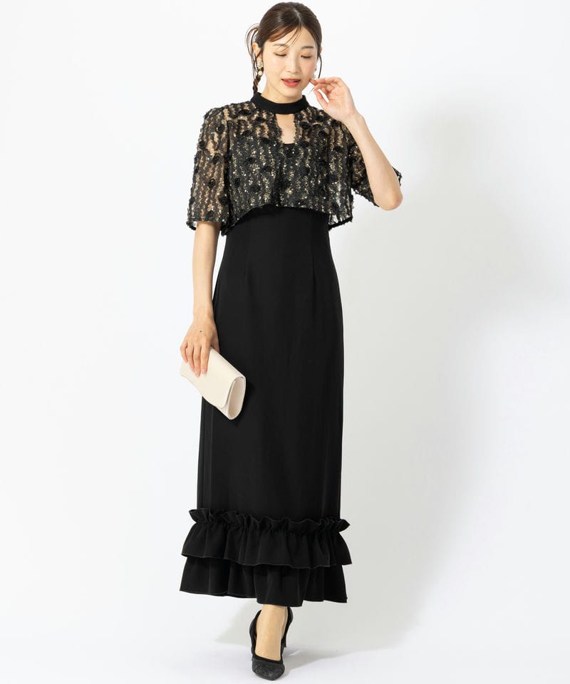 Leja レジャ フラワースパンコールチュールフリルIラインドレス