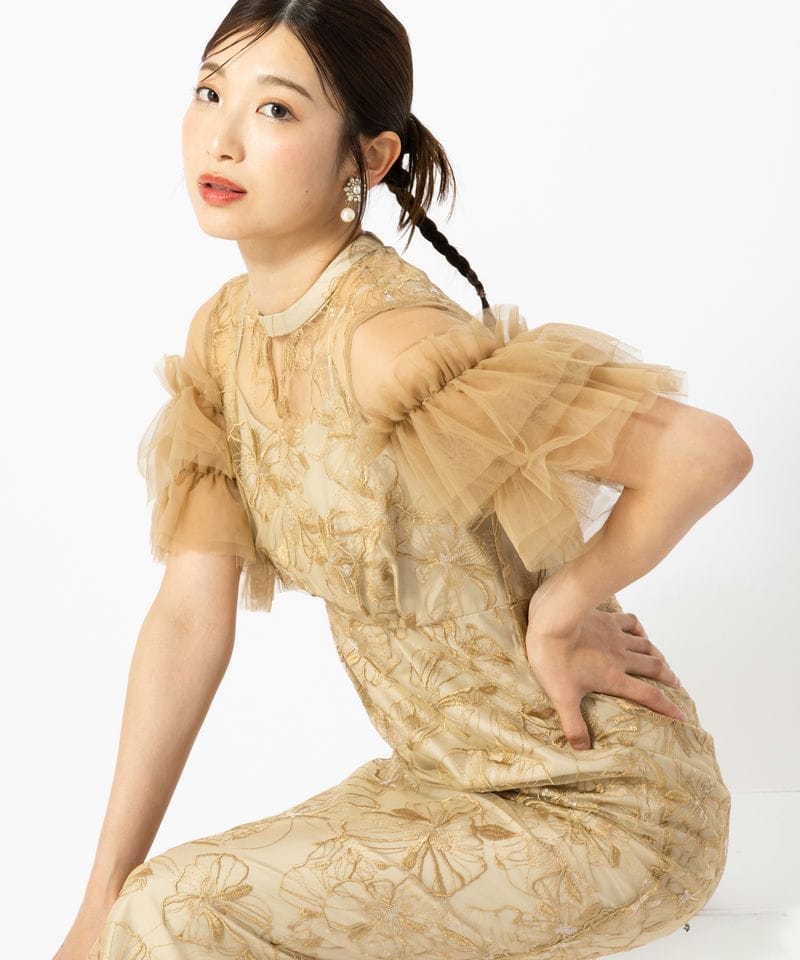 ANDRESD アンドレスド キーネックエンブロイダリードレス イエロー系