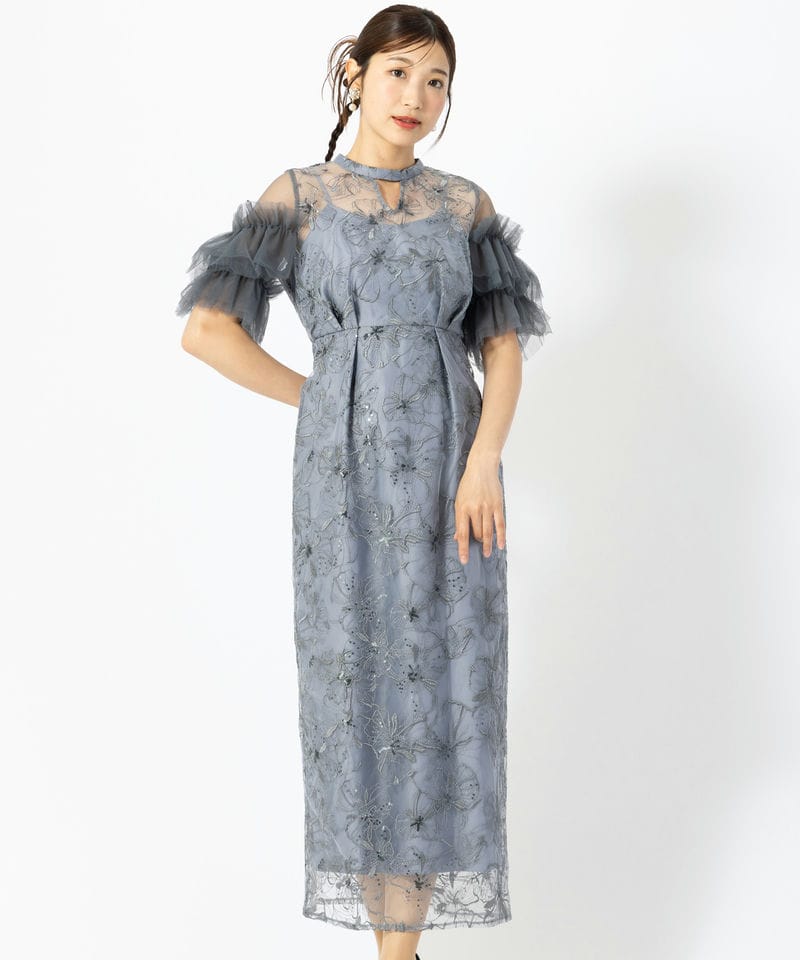 ANDRESD アンドレスド キーネックエンブロイダリードレス ブルー系