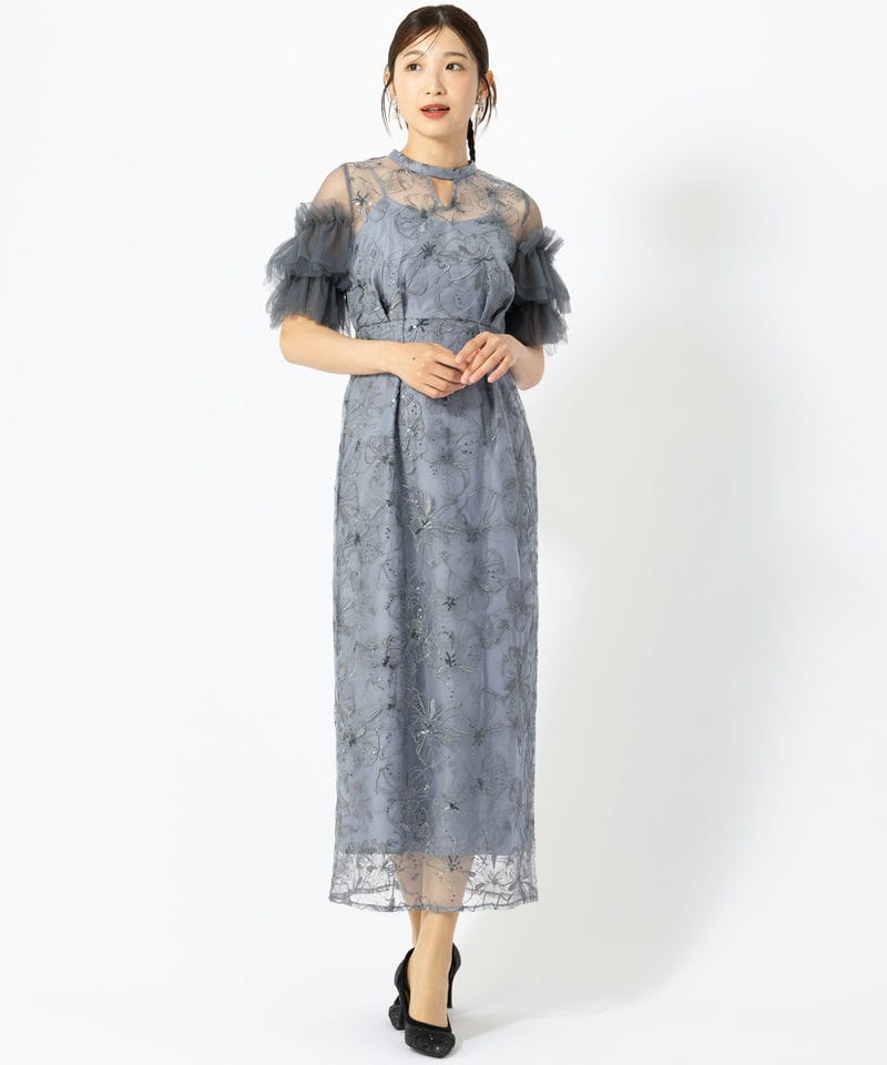 ANDRESD アンドレスド キーネックエンブロイダリードレス ブルー系
