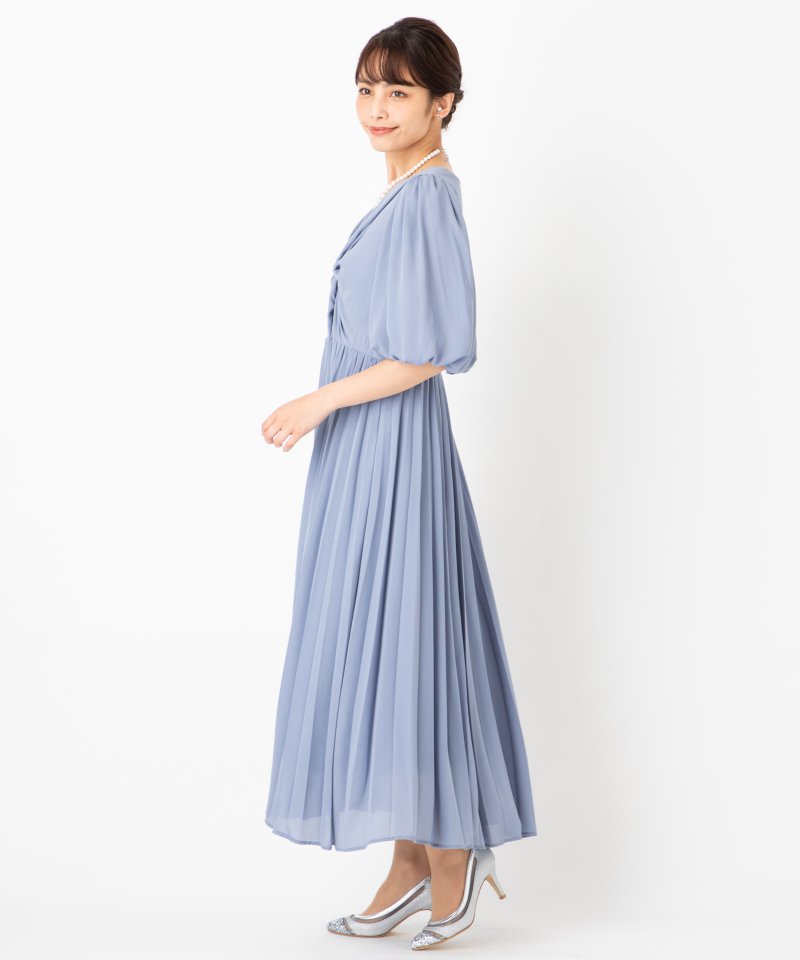 スナイデル　ミックスプリーツドレス 　くすみブルー　レース　異素材　1217 SNIDEL スナイデル シフォンツイストプリーツドレス ブルー系 | 結婚式