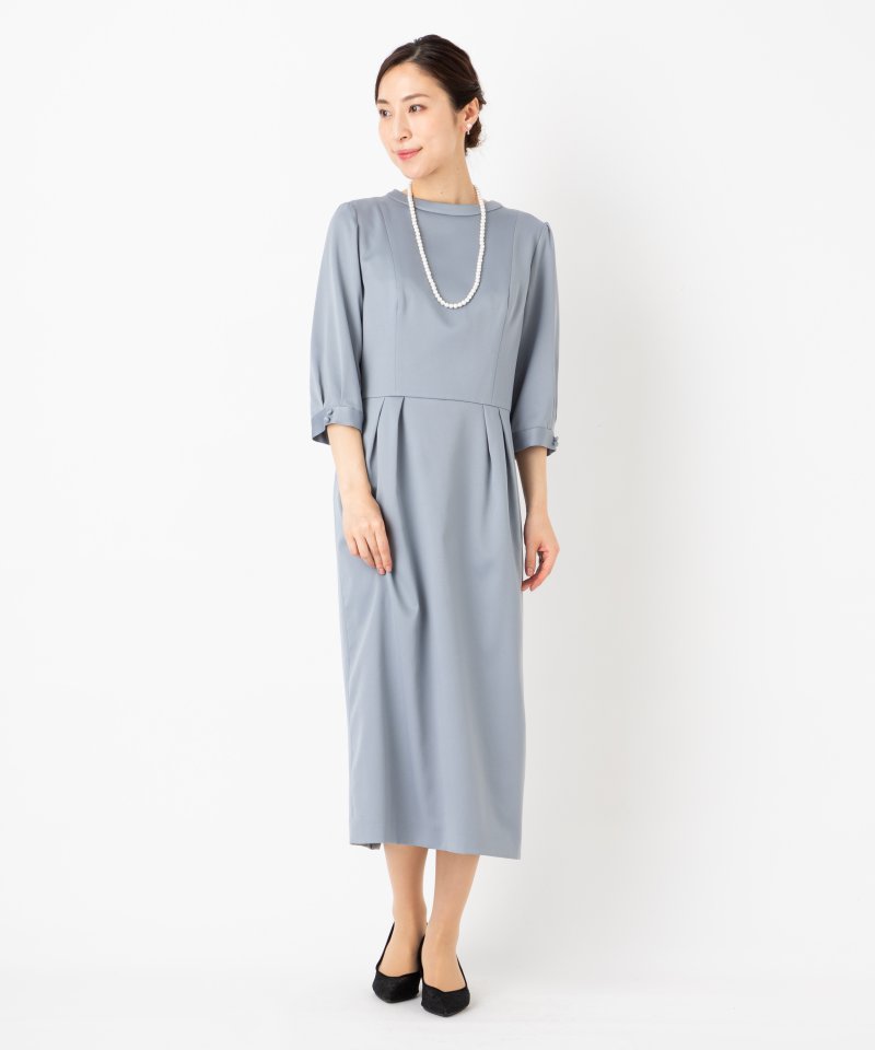 Aimer エメ スタンドカラーサテンタイトドレス グレー系 x ブルー系