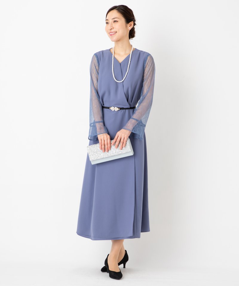 Aimer Vネックロングスリーブドレス ブルー系 | 結婚式パーティーの