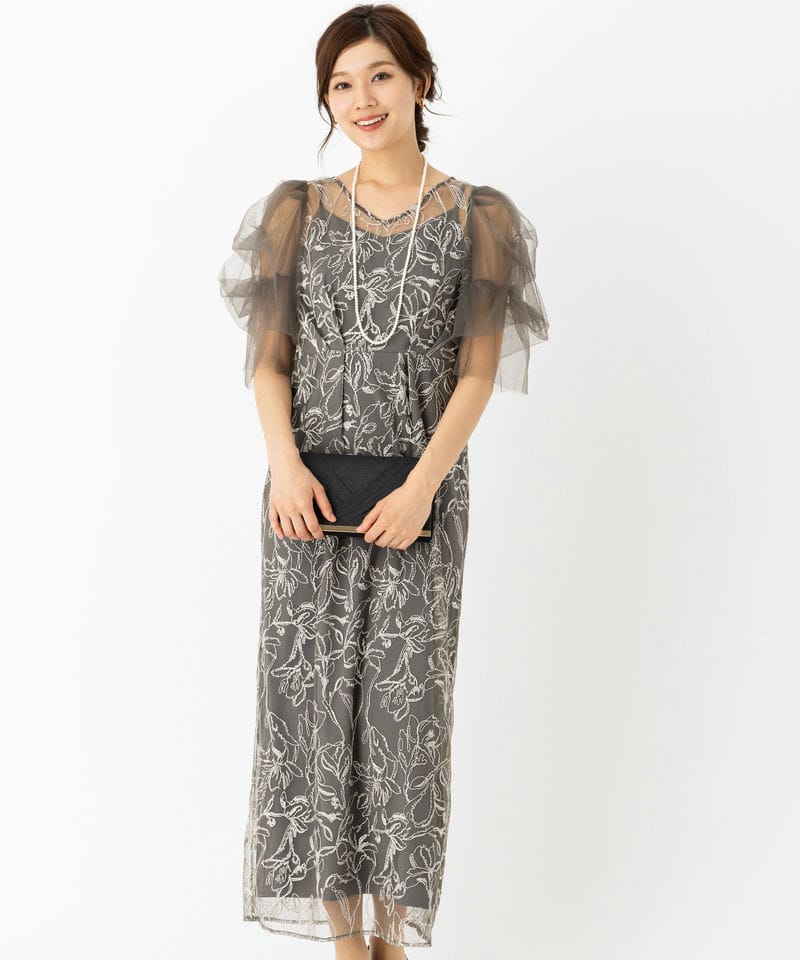 LE'RURE リルアー フラッフィースリーブペンシルドレス グレー系