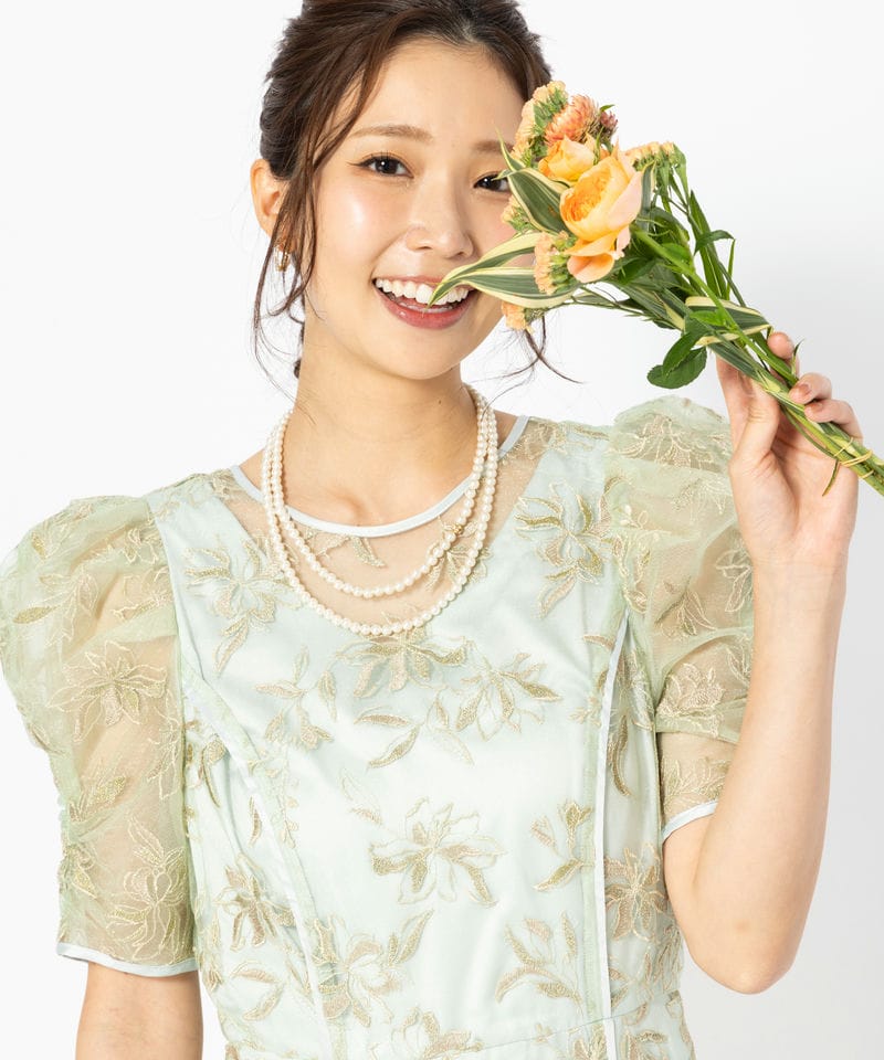 LilyBrown リリーブラウン チュールオリジナル刺繍ドレス グリーン系
