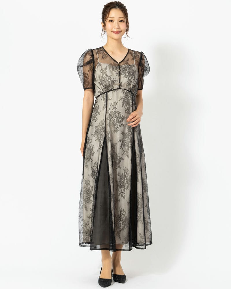 dazzlin ダズリン ラメチュールレースパイピングドレス ブラック系