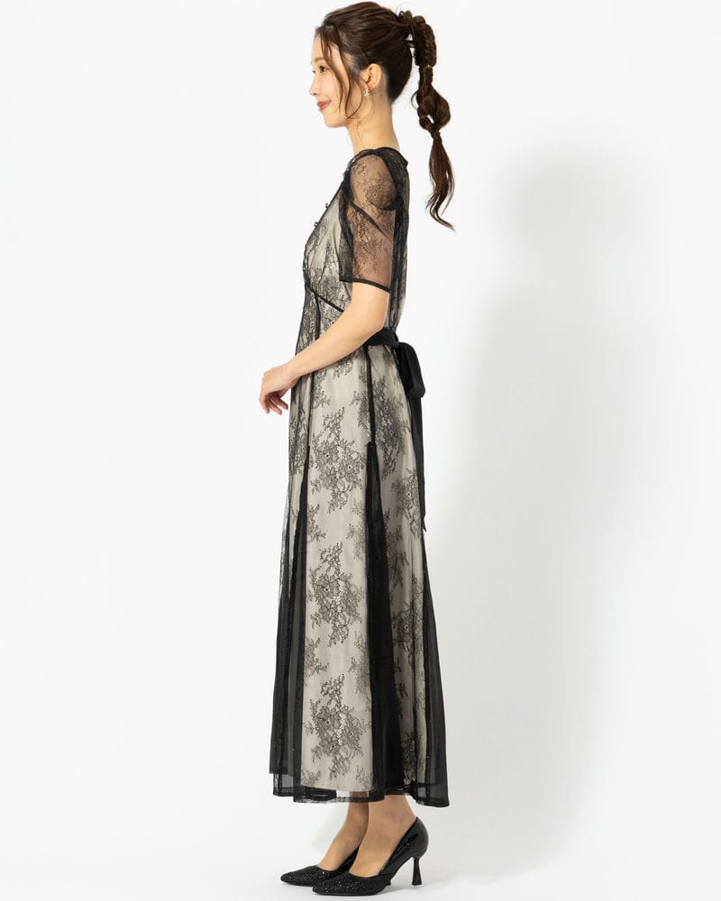 dazzlin ダズリン ラメチュールレースパイピングドレス ブラック系